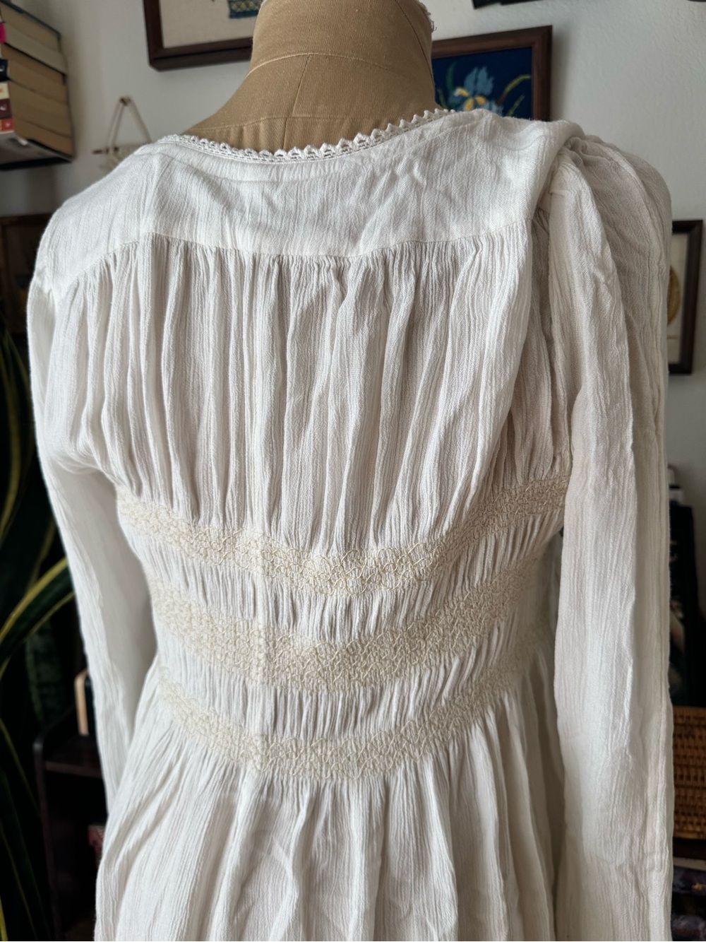 Free People Smocked Top Gauze Flowy Oversized Tunic Ivory Large Boho - Picture 4 of 10